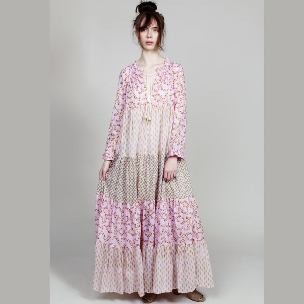 Yvonne S Hippy Tiered Print Maxi Dress Victorian Butterfly Size XS